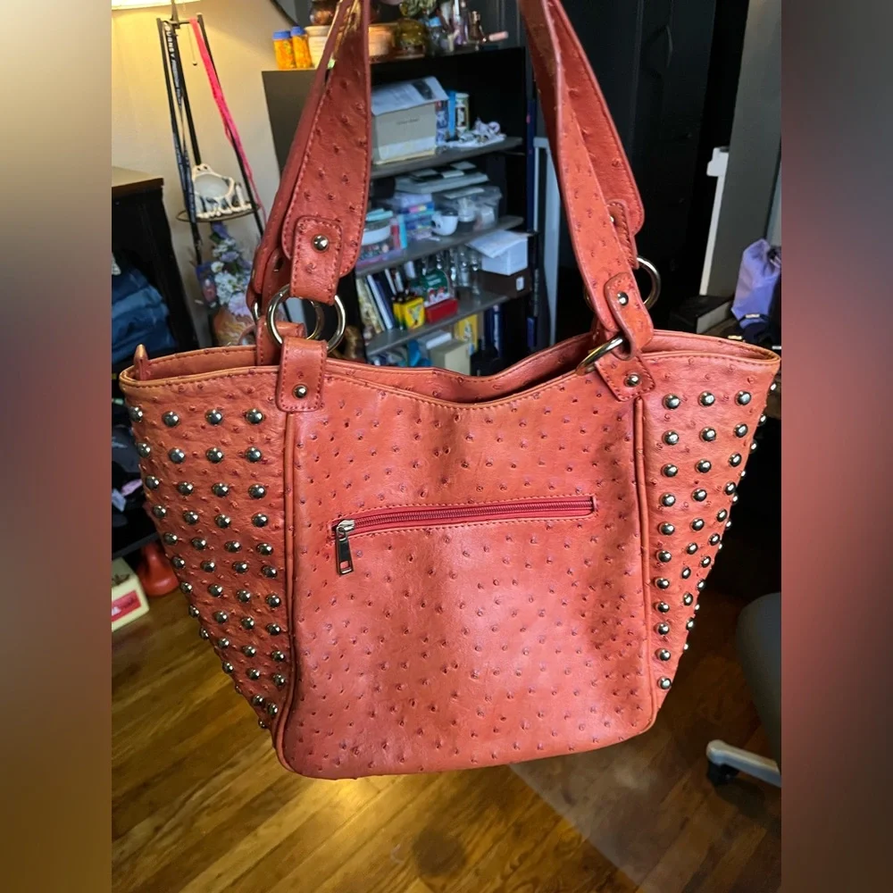 Expressions NYC Orange Faux Ostrich Studded Shoulder Bag Slightly Flawed - Picture 16 of 16